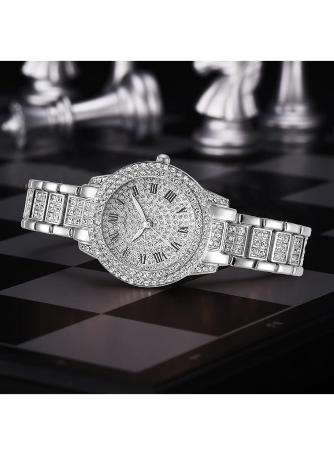 XR72208 Luxurious Bling Full-Crystal Decorated Women Wristwatch Retro Classic Watch with Roman Numerals Analog Quartz Wristband Stylish Dress Watch with Alloy Strap-SiIver - Image 3