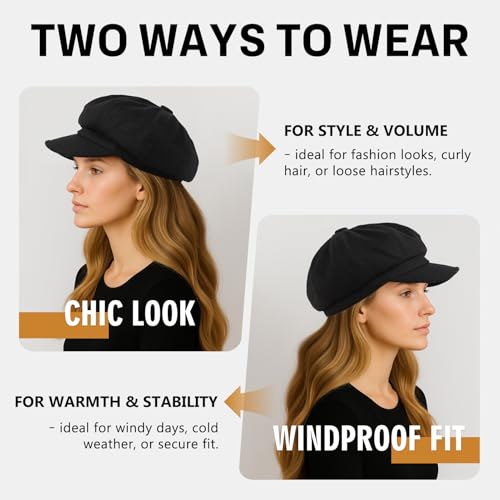 Comhats Winter Newsboy Hat for Women Satin Lined Wool Beret Caps Fashion Warm Brim Cute Visor Ladies Cabbie Pageboy Paperboy Fall Baker Black Medium - Image 4