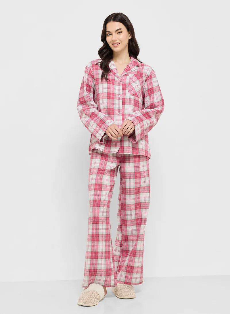 Ginger Checkered Button Down Shirt & Pyjama Set