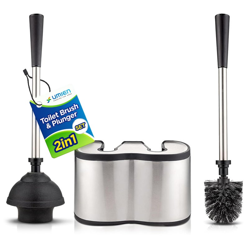 UMIEN Toilet Brush and Plunger Set 18-in - Updated 2025 No-Rust - Stainless Steel Design - Long Handles - with Freestanding Canister - Image 1