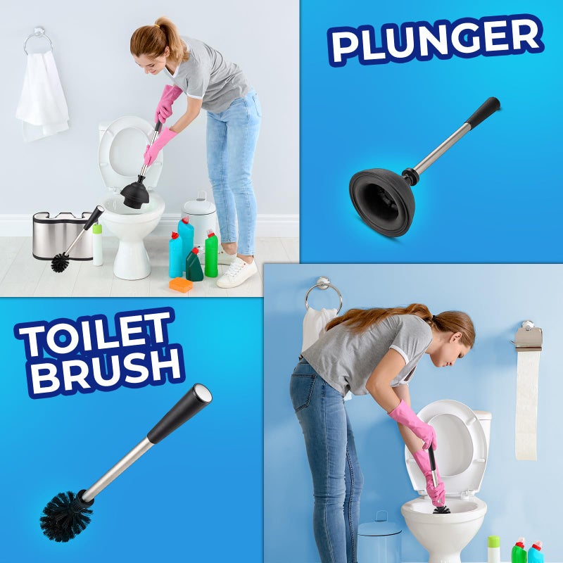 UMIEN Toilet Brush and Plunger Set 18-in - Updated 2025 No-Rust - Stainless Steel Design - Long Handles - with Freestanding Canister - Image 5