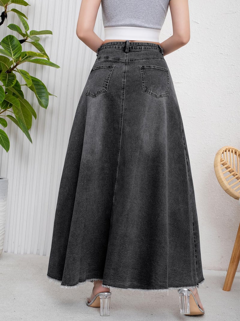 ebossy Women's Retro Distressed High Waist Frayed Hem A Line Wash Maxi Long Denim Skirt with Pockets (XS, Black) - Image 3