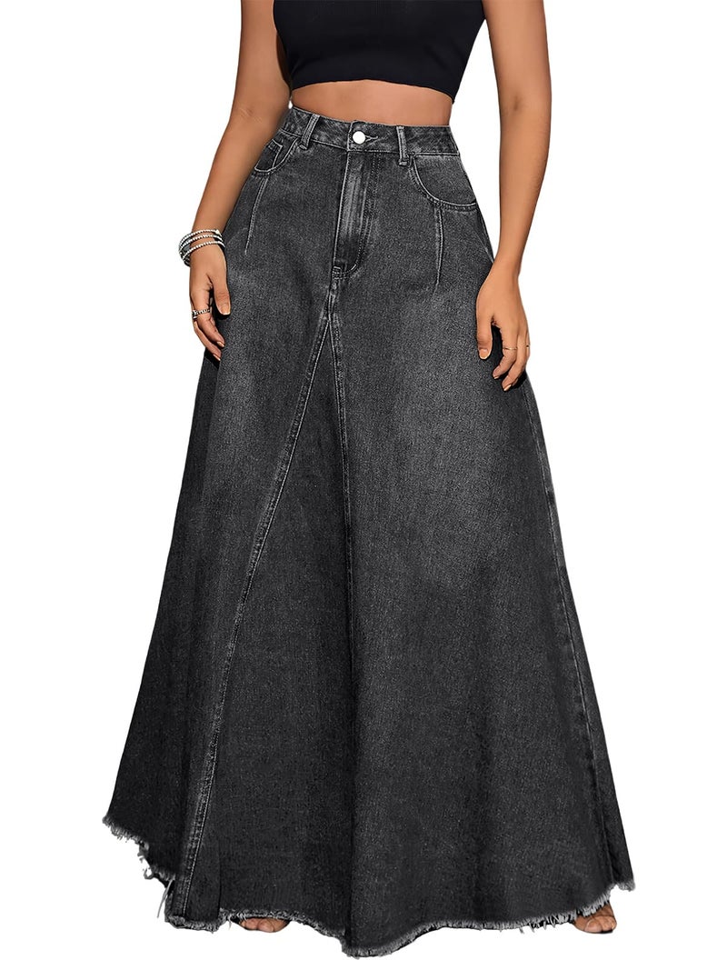 ebossy Women's Retro Distressed High Waist Frayed Hem A Line Wash Maxi Long Denim Skirt with Pockets (XS, Black) - Image 1