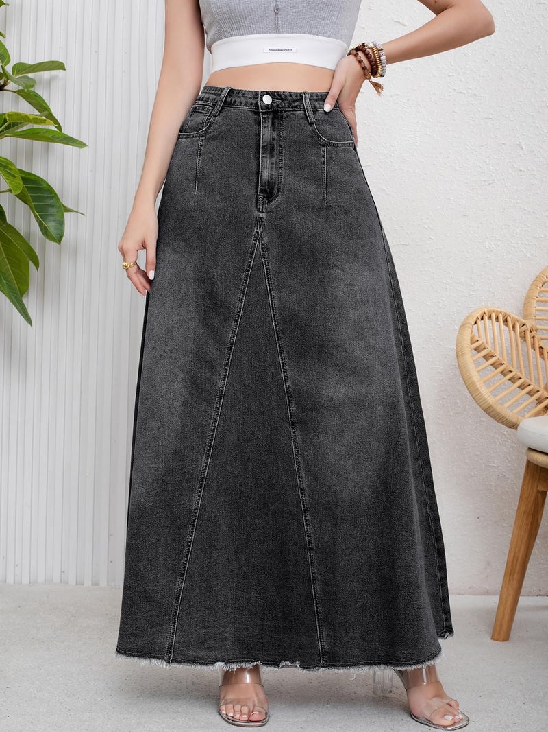 ebossy Women's Retro Distressed High Waist Frayed Hem A Line Wash Maxi Long Denim Skirt with Pockets (XS, Black) - Image 2