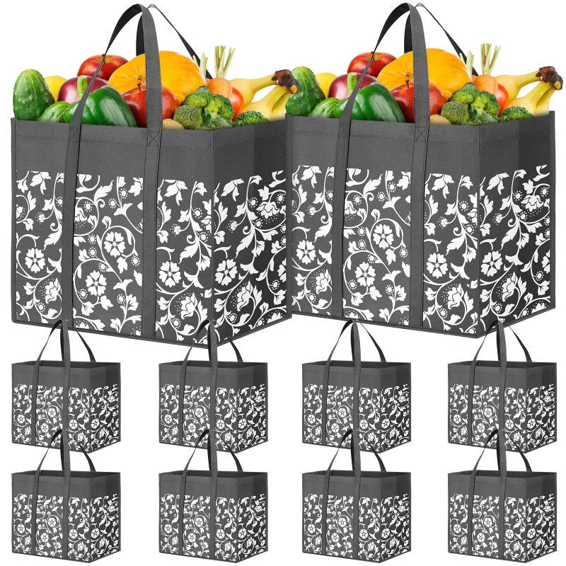 WOWBOX WOWBOX Reusable Grocery Bags Foldable Tote Bags bulk with Reinforced Handles Shopping Bags for Groceries Heavy Duty Large bags Kitchen Reusable Grocery Bags with Waterproof Coating 10-Pack  Grey - Image 1