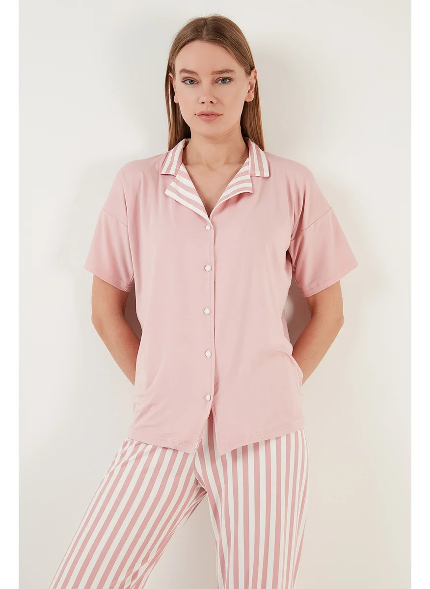 Lela Patterned Short Sleeve Elastic Waist Shirt Collar Woven Pajama Set Women's Pajama Set 6097515