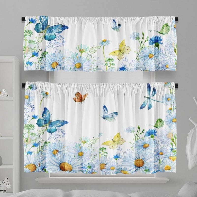 TQFZP Spring Watercolor Flowers Kitchen Curtains Short and Valance Set Daisies Butterflies Wildflowers Blue Fabric Curtain Drapes Cafe Curtains Valance for Home Decor - Image 1