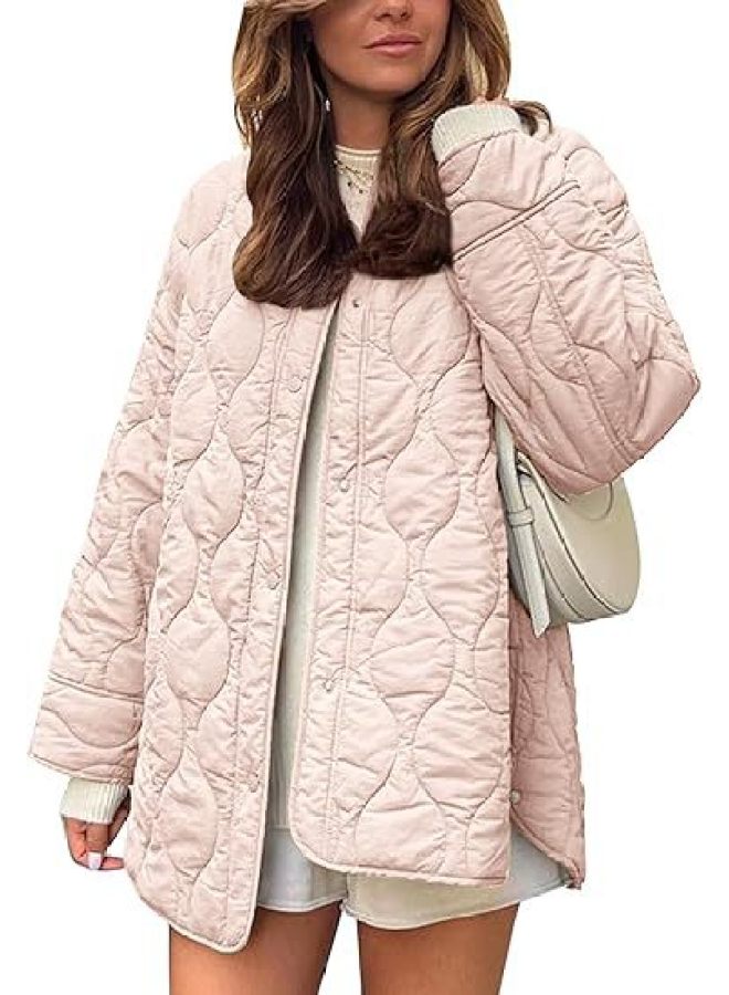 Women's Autumn And Winter New European And American Style Quilted Simple Solid Color Round Neck Loose Cotton Jacket