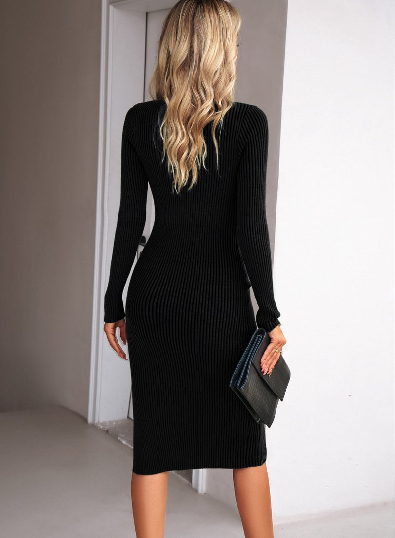 Loquat Square Collar Wool Woven Dress Temperament Elegant Skirt Black - Image 2