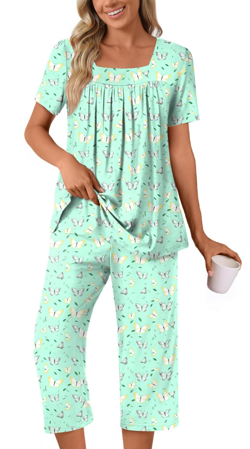 POPYOUNG Summer Womens Pajama Set 2 Pieces Pjs Ladies Pajamas Lounge Sleepwear with Pockets L, Colorful Green Butterfly - Image 1
