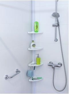 Multi-Functional Bathroom Corner 4 Tier Adjustable Rustproof Shower Caddy Telescopic Shelf Wall Rack Organizer, Shelves Tray Hooks Wall Mounted Storage Rack
