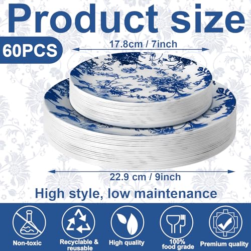 Suclain 60 Pcs Blue Plastic Floral Plates Disposable Heavy Duty White with Blue Floral 9" Dinner Plate and 7" Dessert Plate, Disposable Plastic Plates for Party Birthday Bridal Shower - Image 2