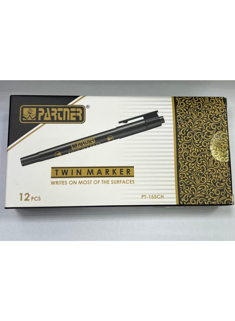 PARTNER 12 Pieces Double Sided Permanent Marker Black, Twin Markers (Pack Of 12 Pcs) - Image 2