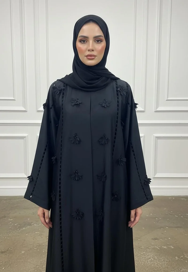 Nukhbaa Floral Applique Abaya |Linen-Blend Fabric-932