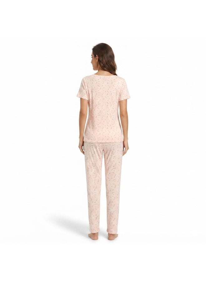 JOANNA 2-Piece Pajama Set Short Sleeve Top and Long Pants Soft Printed Sleepwear for Women - Image 2