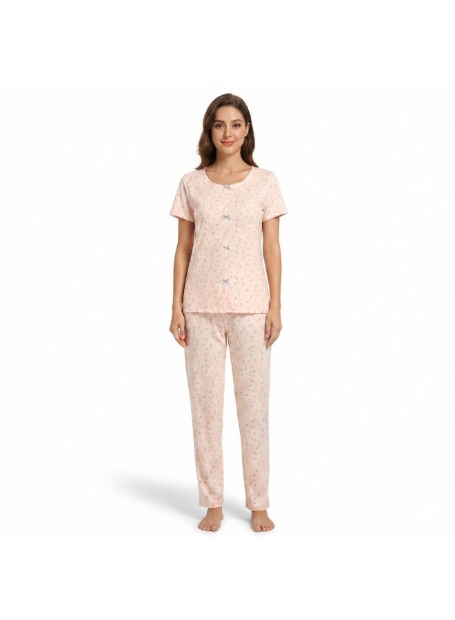 JOANNA 2-Piece Pajama Set Short Sleeve Top and Long Pants Soft Printed Sleepwear for Women - Image 1