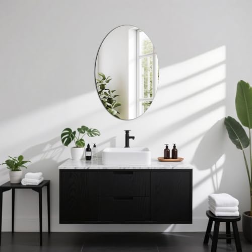 QEEYON Small Oval Mirror for Wall Decor, 16 x 12 Frameless Glass Oval Wall Mounted Bathroom Vanity Mirror for Bedroom, Entryway, Living Room, 2-Sided Adhesive Tapes Include - Image 2