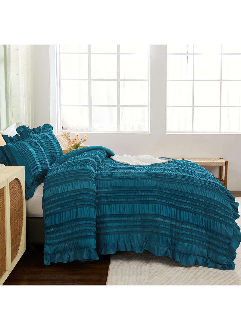 WONGS BEDDING WONGS BEDDING Teal Comforter Set King 3 Pieces Ruffle Farmhouse Shabby Chic Comforter for King Bed Soft Textured Boho Bedding Set with 1 Ruffle Comforter 2 Tufted Pillowcases 104""?90""  - Image 3