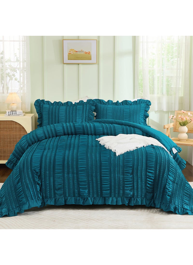 WONGS BEDDING WONGS BEDDING Teal Comforter Set King 3 Pieces Ruffle Farmhouse Shabby Chic Comforter for King Bed Soft Textured Boho Bedding Set with 1 Ruffle Comforter 2 Tufted Pillowcases 104""?90""  - Image 4