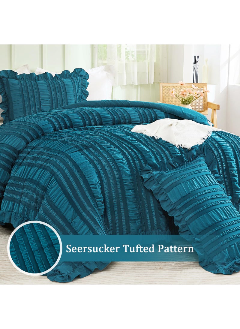 WONGS BEDDING WONGS BEDDING Teal Comforter Set King 3 Pieces Ruffle Farmhouse Shabby Chic Comforter for King Bed Soft Textured Boho Bedding Set with 1 Ruffle Comforter 2 Tufted Pillowcases 104""?90""  - Image 2