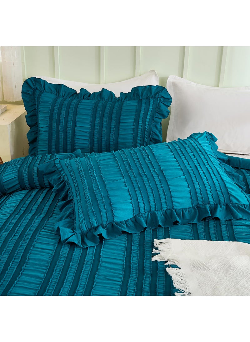 WONGS BEDDING WONGS BEDDING Teal Comforter Set King 3 Pieces Ruffle Farmhouse Shabby Chic Comforter for King Bed Soft Textured Boho Bedding Set with 1 Ruffle Comforter 2 Tufted Pillowcases 104""?90""  - Image 5