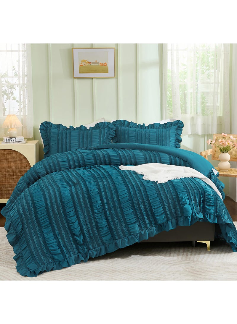 WONGS BEDDING WONGS BEDDING Teal Comforter Set King 3 Pieces Ruffle Farmhouse Shabby Chic Comforter for King Bed Soft Textured Boho Bedding Set with 1 Ruffle Comforter 2 Tufted Pillowcases 104""?90""  - Image 1