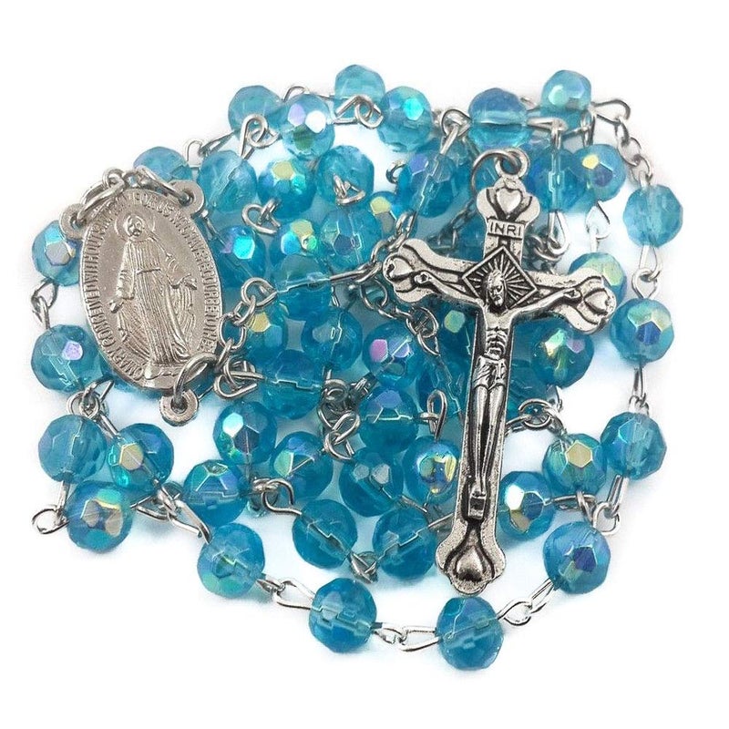 Nazareth Store Light Blue Aquamarine Beads Rosary Necklace Crystallized Communion Rosary with Our Lady of Graces Medal