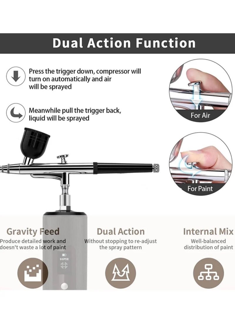 Airbrush Kit with Compressor Portable Cordless Air Brush Gun Set for Painting 36PSI Gravity Feed Dual Action Handheld Mini Rechargeable Air Brushes LED Display for Model Nail Decorating - Image 2