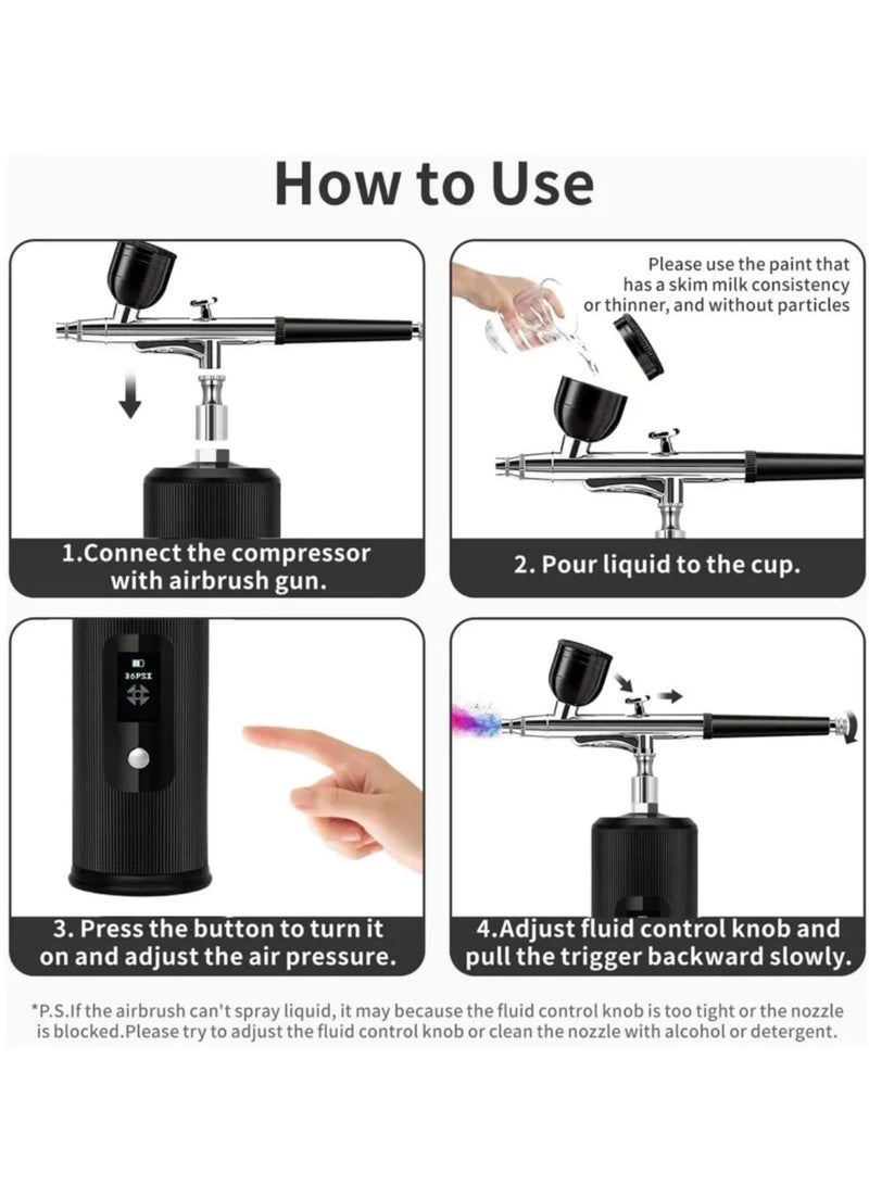 Airbrush Kit with Compressor Portable Cordless Air Brush Gun Set for Painting 36PSI Gravity Feed Dual Action Handheld Mini Rechargeable Air Brushes LED Display for Model Nail Decorating - Image 3