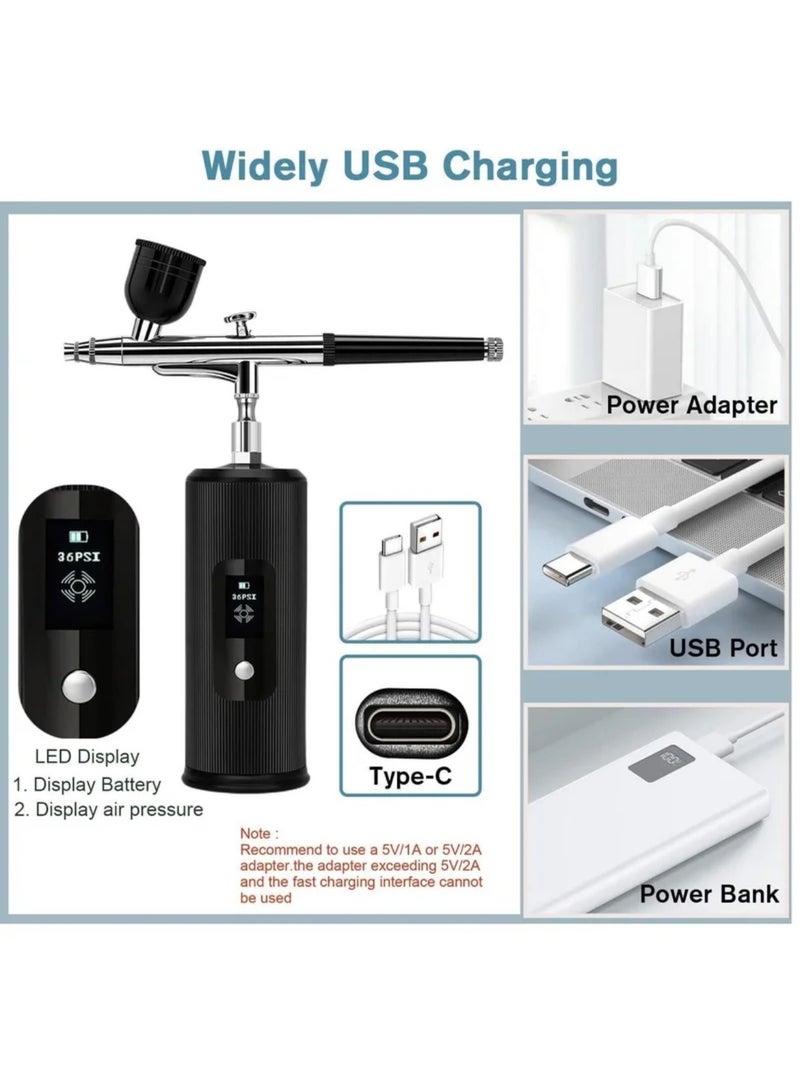 Airbrush Kit with Compressor Portable Cordless Air Brush Gun Set for Painting 36PSI Gravity Feed Dual Action Handheld Mini Rechargeable Air Brushes LED Display for Model Nail Decorating - Image 4