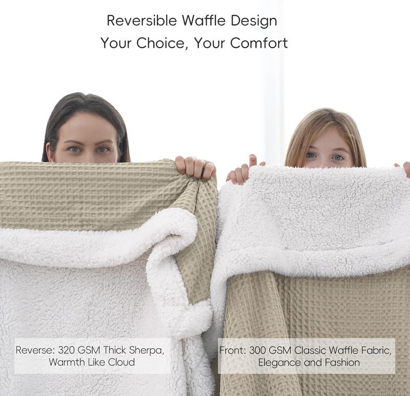 PHF Waffle Sherpa Blanket Queen Size (230cm x 230cm), Luxury Plush Flannel Fleece for Winter, Reversible & Cozy Soft, Khaki - Image 3
