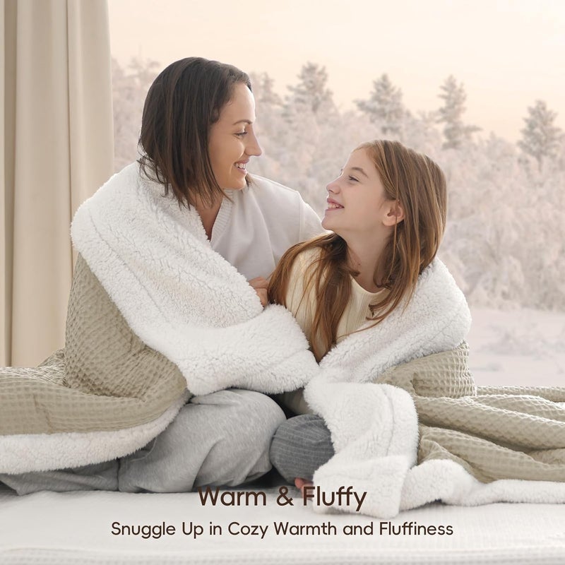 PHF Waffle Sherpa Blanket Queen Size (230cm x 230cm), Luxury Plush Flannel Fleece for Winter, Reversible & Cozy Soft, Khaki - Image 2