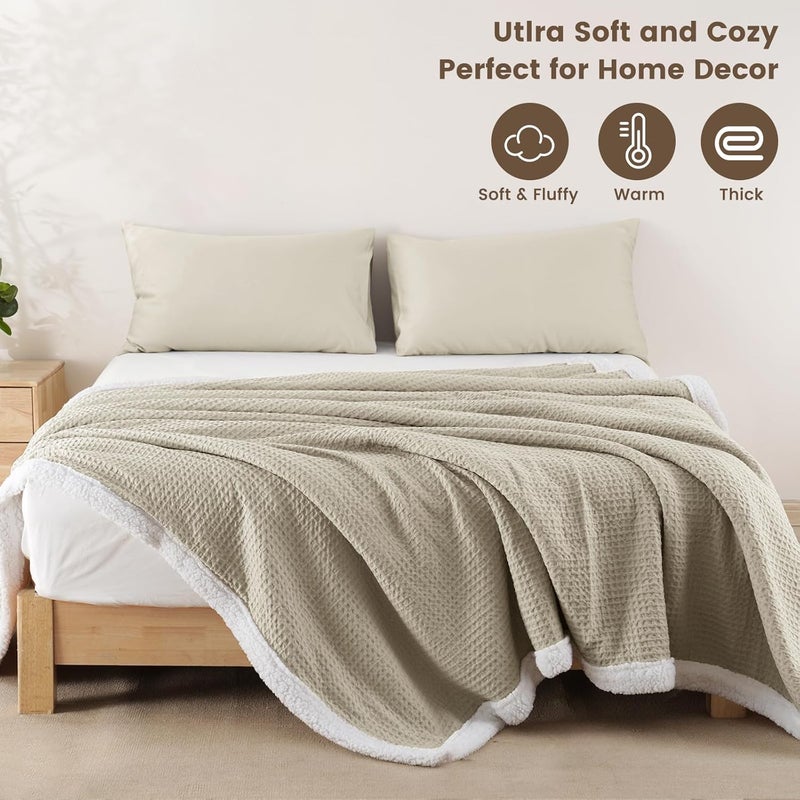 PHF Waffle Sherpa Blanket Queen Size (230cm x 230cm), Luxury Plush Flannel Fleece for Winter, Reversible & Cozy Soft, Khaki - Image 5