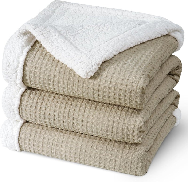 PHF Waffle Sherpa Blanket Queen Size (230cm x 230cm), Luxury Plush Flannel Fleece for Winter, Reversible & Cozy Soft, Khaki - Image 1