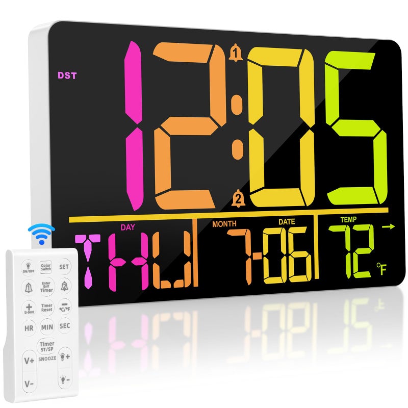PERSUPER 13 Large Digital Wall Clock with Remote RGB Color Changing 25 Ringtones 0100 AutoCustom Brightness Temperature Calendar 1224H DST Timer for Living RoomBedroomOfficeElderly - Image 2