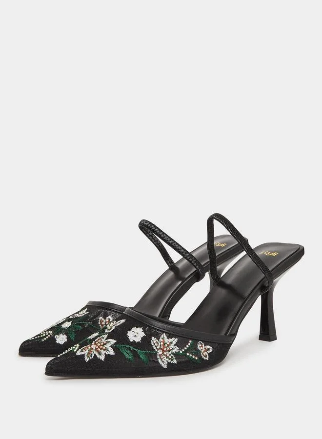 Styli Black Embroidered Pointed Toe Mules