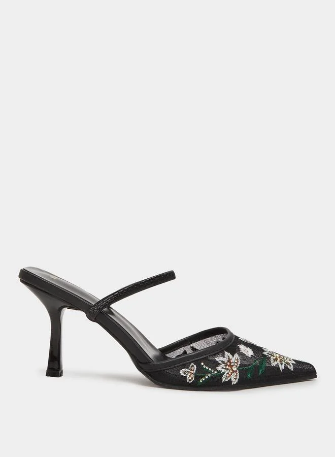 Styli Black Embroidered Pointed Toe Mules