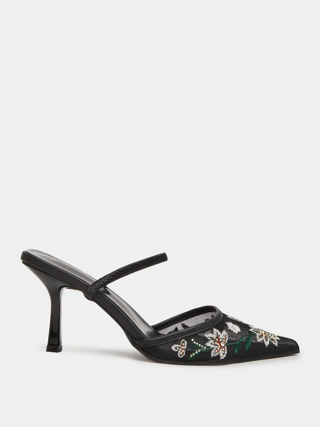 Styli Black Embroidered Pointed Toe Mules