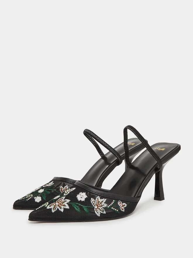 Styli Black Embroidered Pointed Toe Mules