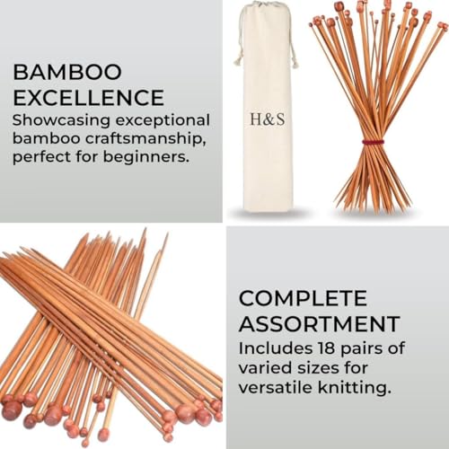 HST H&S 36pcs Bamboo Knitting Needles Set for Beginners and Professionals, Single Pointed with Firm Grip Handles and Storage Pouch - Knitting Accessories - Image 2