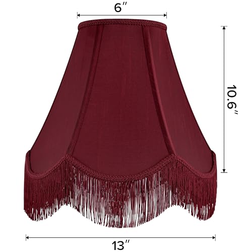 GO&SO Set of 2 Burgundy Silk Scalloped Lamp Shade, Petal Edge Braid with Burgundy Fringe Trim, 6"x13"x10.6"(Spider), Victorian Bell Lamp Shades, Replacement Shades for Table,Floor Lamps, Easy Assembly - Image 2