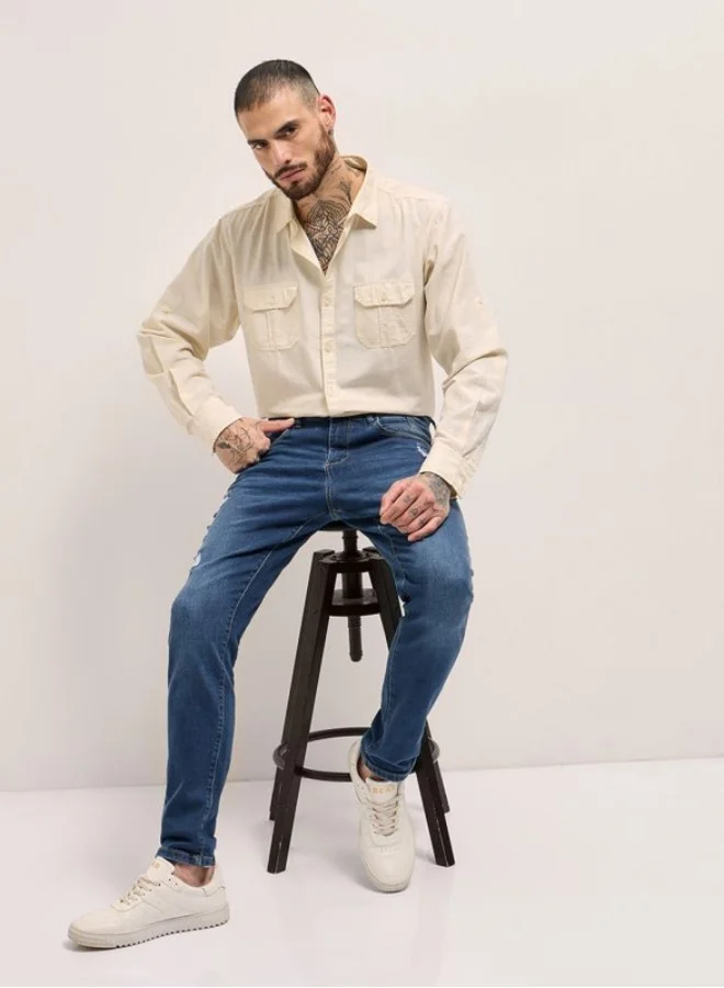 The Bear House  Men's Mid Blue with Light Fade Distressed Mid-Rise Slim Fit Jeans Classic Comfort With Modern Style, Perfect For Everyday Casual Looks And Effortless Streetwear Vibes for Men | Best Price UAE