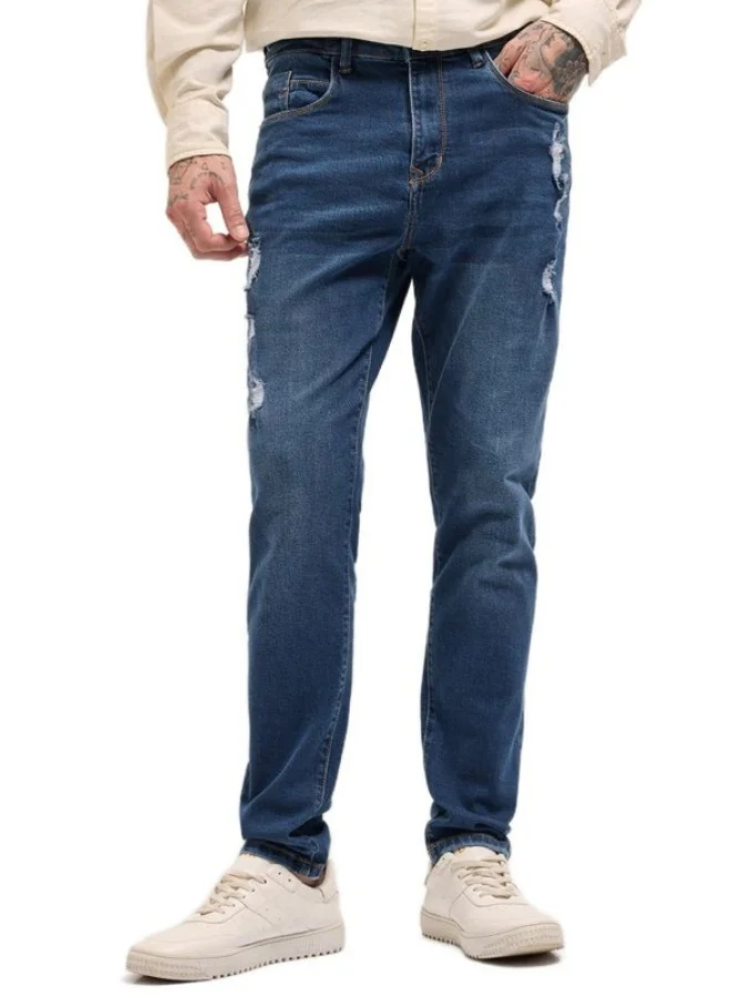 Men's Mid Blue with Light Fade Distressed Mid-Rise Slim Fit Jeans Classic Comfort With Modern Style, Perfect For Everyday Casual Looks And Effortless Streetwear Vibes