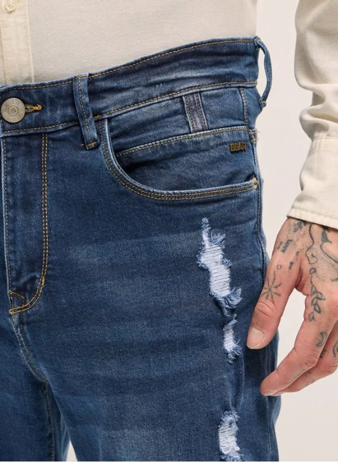 The Bear House  Men's Mid Blue with Light Fade Distressed Mid-Rise Slim Fit Jeans Classic Comfort With Modern Style, Perfect For Everyday Casual Looks And Effortless Streetwear Vibes for Men | Best Price UAE