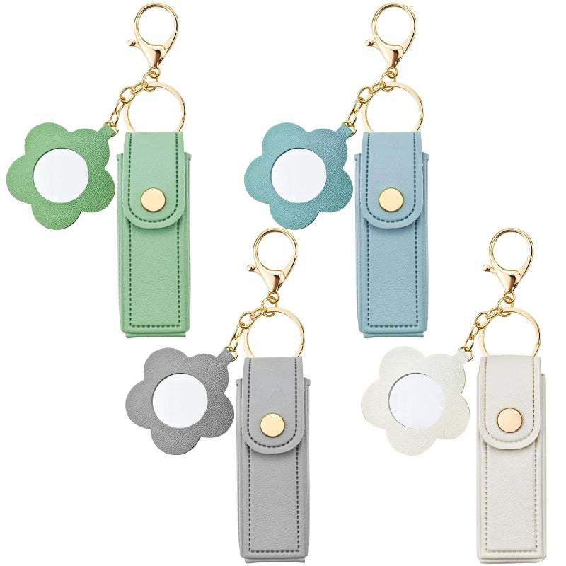 Arvintas 4 PACK PU Leather Potable Chapstick Holder Key Chain Bulk with Mirror Lipstick Keychain Lip Balm Organizer Holder Lipstick Travel Makeup Storage Case for Women Girls Style 5 - Image 2