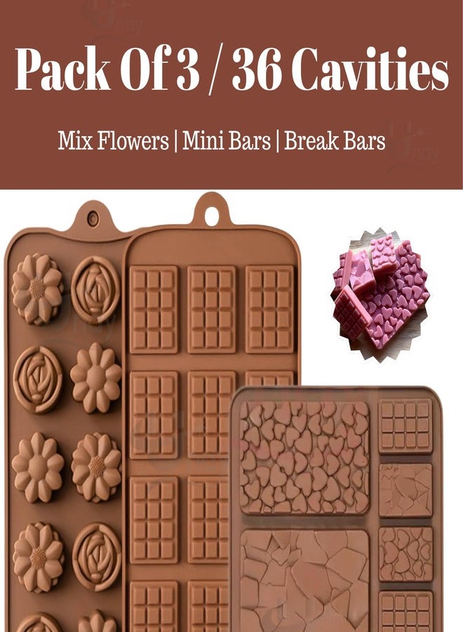 Undy Chocolate Mould Silicone Mix Flowers Mini Bars Break Apart Shape Chocolate Mould for Chocolate Making Multipurpose Jelly Ice Cubes Cake Decoration Tools, 3 PCS, Brown - Image 2