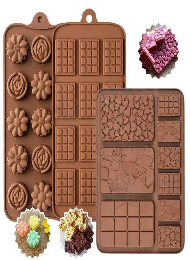 Undy Chocolate Mould Silicone Mix Flowers Mini Bars Break Apart Shape Chocolate Mould for Chocolate Making Multipurpose Jelly Ice Cubes Cake Decoration Tools, 3 PCS, Brown - Image 1