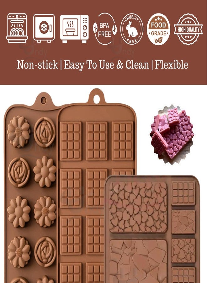 Undy Chocolate Mould Silicone Mix Flowers Mini Bars Break Apart Shape Chocolate Mould for Chocolate Making Multipurpose Jelly Ice Cubes Cake Decoration Tools, 3 PCS, Brown - Image 3