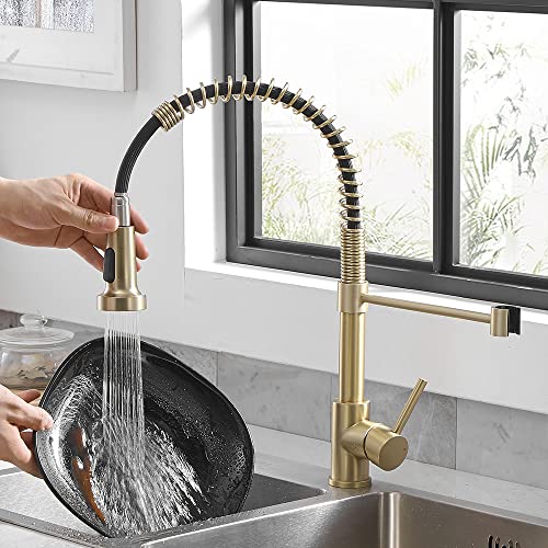 OWOFAN Kitchen Faucets with Pull Down Sprayer 304 Stainless Steel Industrial Single Handle One Hole Faucet for Farmhouse Camper Laundry Utility Rv Wet Bar Sinks Gold 9009K - Image 5