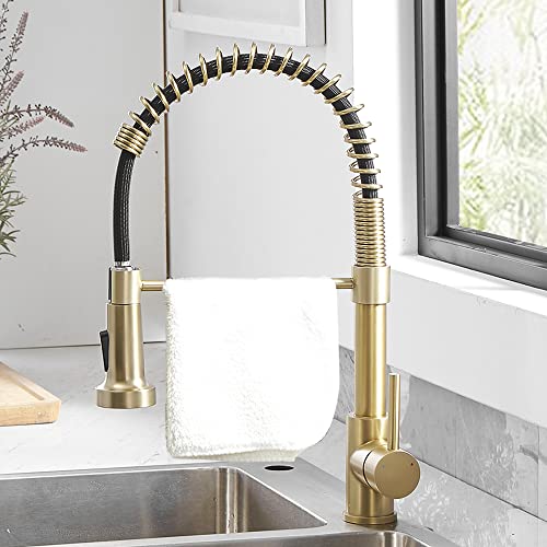 OWOFAN Kitchen Faucets with Pull Down Sprayer 304 Stainless Steel Industrial Single Handle One Hole Faucet for Farmhouse Camper Laundry Utility Rv Wet Bar Sinks Gold 9009K - Image 2